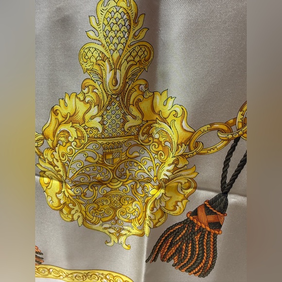 CELINE Gold & White with Gray Edge 100% Silk Scarf - Picture 3 of 7